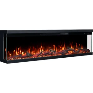 3-stronny kominek elektryczny LED Emotion Flame Unity widziany pod kątem, z pomarańczowym ogniem, polanami drewna i kryształami.