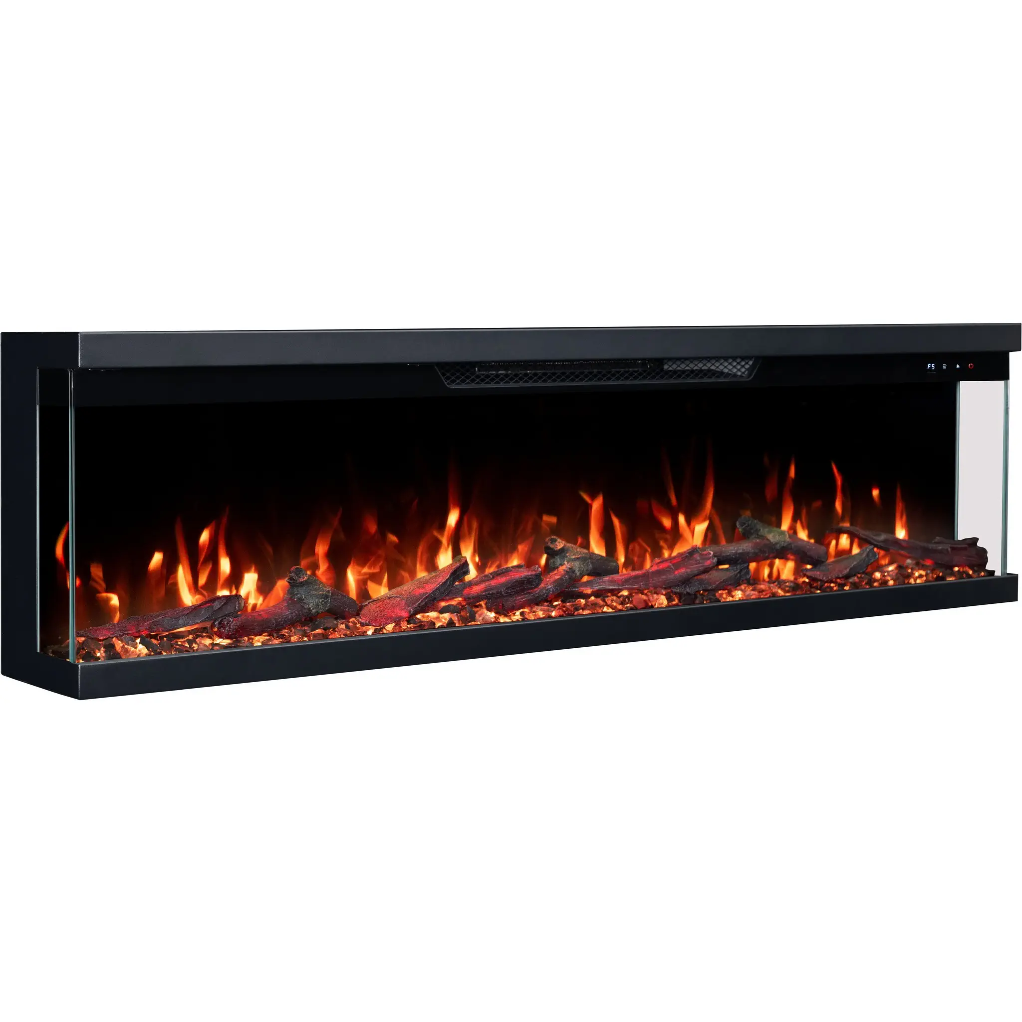 3-stronny kominek elektryczny LED Emotion Flame Unity widziany pod kątem, z pomarańczowym ogniem, polanami drewna i kryształami.