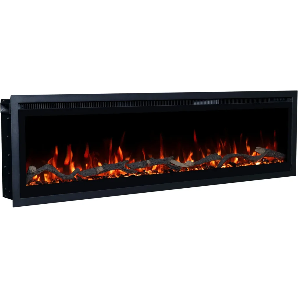 Elektryczny kominek LED Emotion Flame Regal pod kątem z boku, realistyczne palenisko z dekoracyjnymi polanami i czerwonym ogniem.