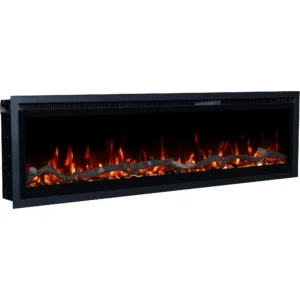 Elektryczny kominek LED Emotion Flame Regal pod kątem z boku, realistyczne palenisko z dekoracyjnymi polanami i czerwonym ogniem.