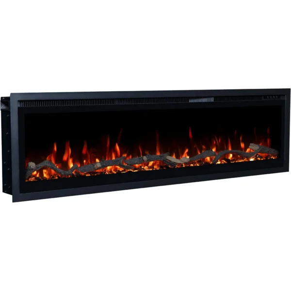 Elektryczny kominek LED Emotion Flame Regal pod kątem z boku, realistyczne palenisko z dekoracyjnymi polanami i czerwonym ogniem.
