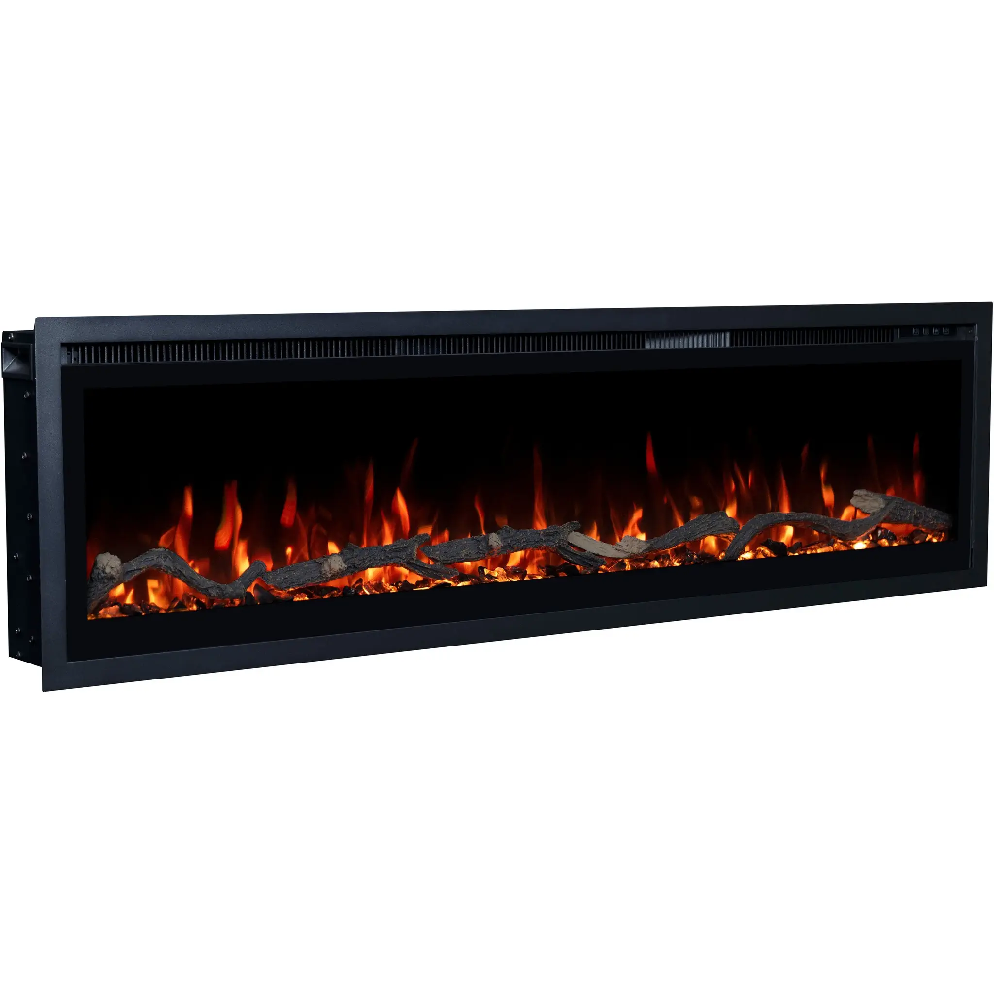 Elektryczny kominek LED Emotion Flame Regal pod kątem z boku, realistyczne palenisko z dekoracyjnymi polanami i czerwonym ogniem.
