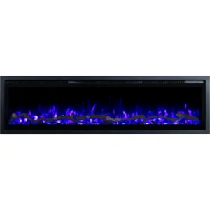 Nowoczesny elektryczny kominek ścienny Emotion Flame Regal, płaski front z włączonym niebieskim efektem płomienia 3D.