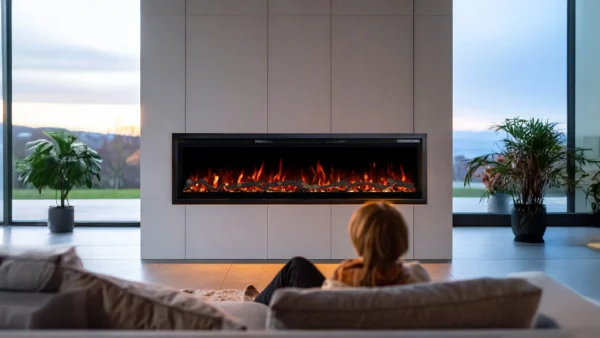 Nowoczesny kominek elektryczny do zabudowy ściennej Emotion Flame Regal, aranżacja ściany w salonie z realistycznym efektem płomienia i polanami drewna.