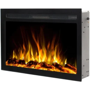 Elektryczny kominek do zabudowy Infinity marki Emotion Flame w widoku z boku, oświetlony realistycznym pomarańczowo-żółtym efektem płomienia.