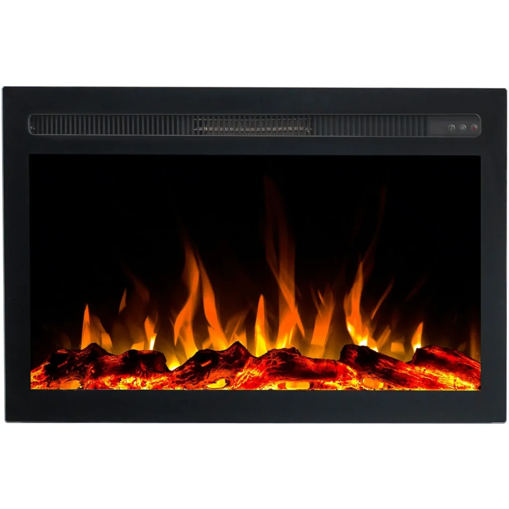 Widok z przodu elektrycznego kominka do zabudowy Infinity marki Emotion Flame z realistycznym pomarańczowym efektem płomienia i polanami drewna.