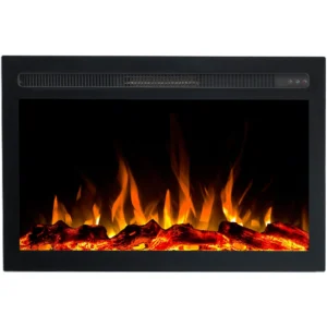 Widok z przodu elektrycznego kominka do zabudowy Infinity marki Emotion Flame z realistycznym pomarańczowym efektem płomienia i polanami drewna.