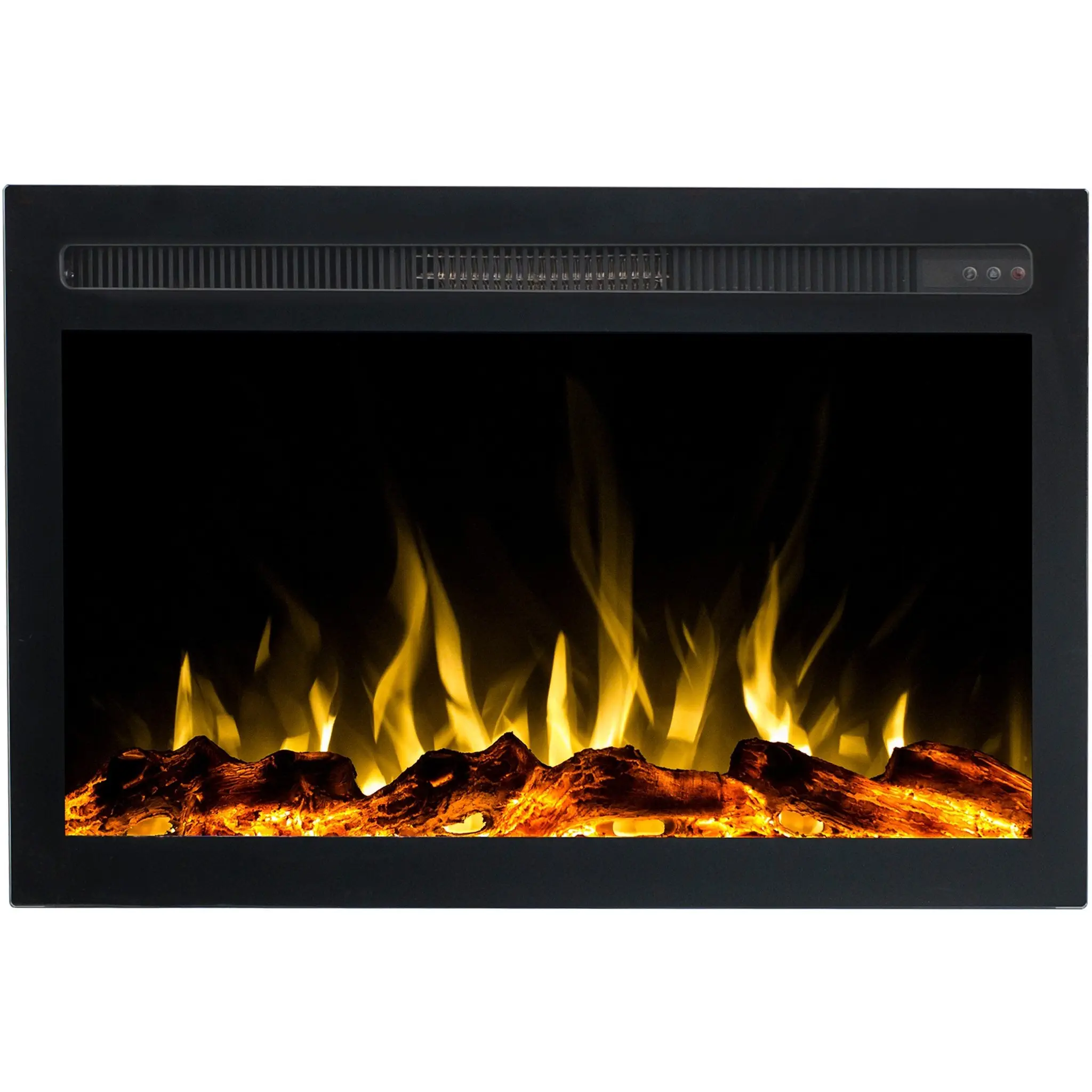 Elektryczny kominek do zabudowy Infinity marki Emotion Flame w widoku z przodu. Przedstawia wkład kominkowy z realistycznym, żółtym efektem płomienia.