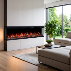 Wbudowany 3-stronny kominek elektryczny Emotion Flame Unity w nowoczesnej aranżacji ściennej w salonie z realistycznym efektem płomienia, widok z boku.