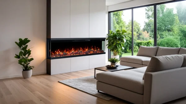 Wbudowany 3-stronny kominek elektryczny Emotion Flame Unity w nowoczesnej aranżacji ściennej w salonie z realistycznym efektem płomienia, widok z boku.