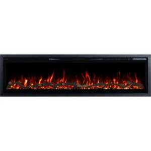 Kominek elektryczny Emotion Flame Regal z realistycznym czerwonym ogniem, klasyczny widok z przodu kominka z drewnem i kryształami.