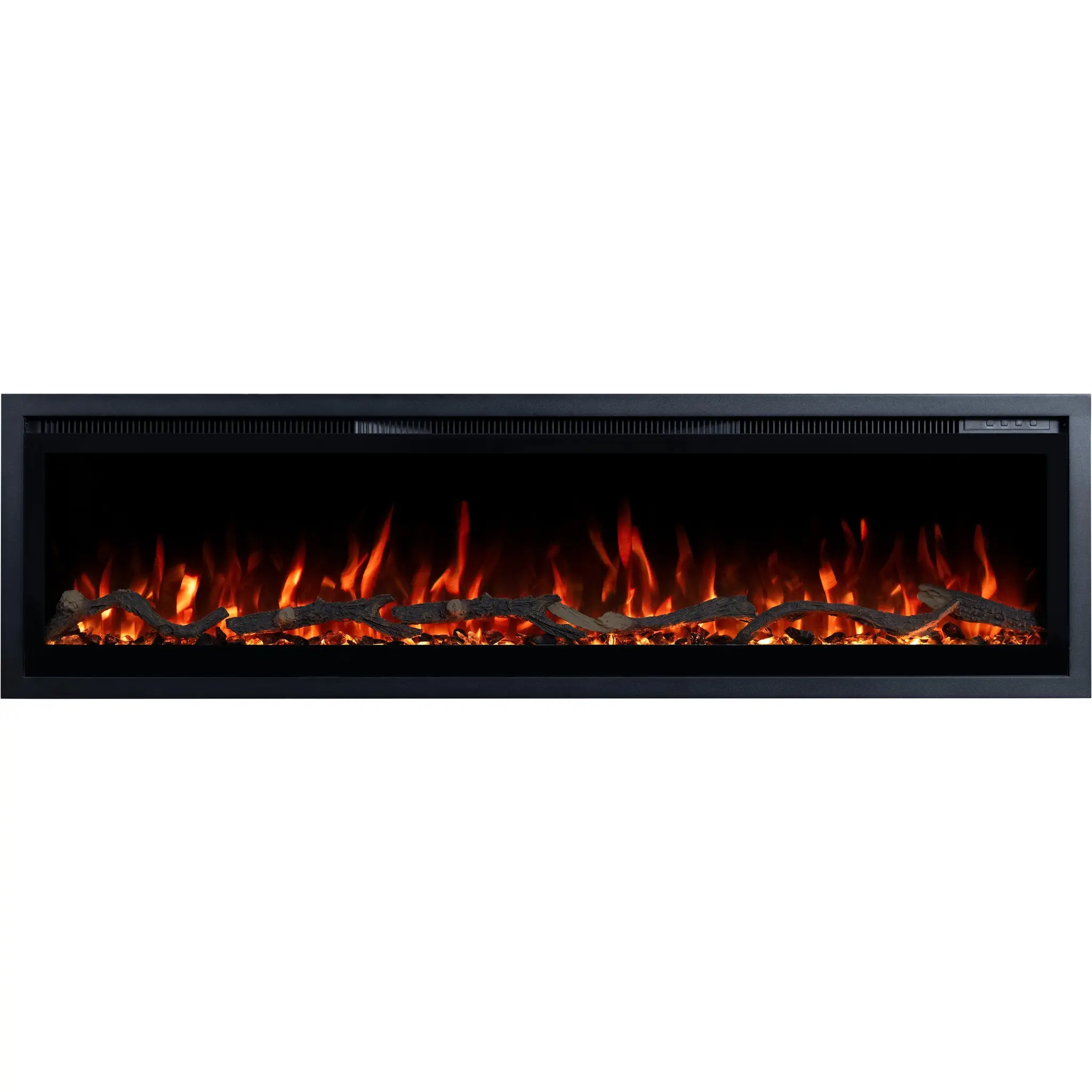 Kominek elektryczny Emotion Flame Regal z realistycznym czerwonym ogniem, klasyczny widok z przodu kominka z drewnem i kryształami.