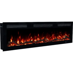Kominek elektryczny Monarch marki Emotion Flame, widok z boku z pomarańczowym efektem płomienia LED nad realistycznymi polanami drewna i kryształami.