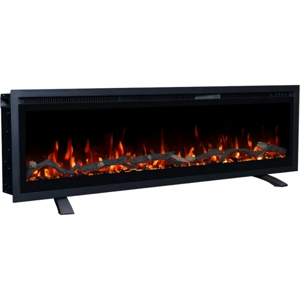 Wolnostojący kominek elektryczny Emotion Flame Regal na nóżkach, czerwone płomienie LED, drewno i kryształy z perspektywy bocznej.