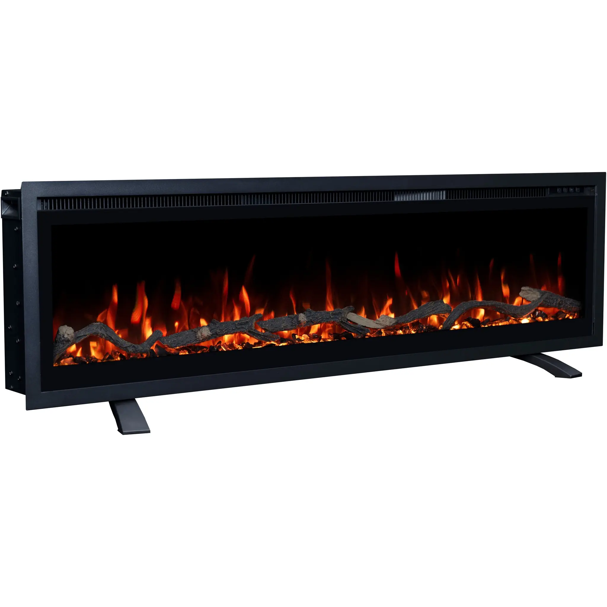 Wolnostojący kominek elektryczny Emotion Flame Regal na nóżkach, czerwone płomienie LED, drewno i kryształy z perspektywy bocznej.