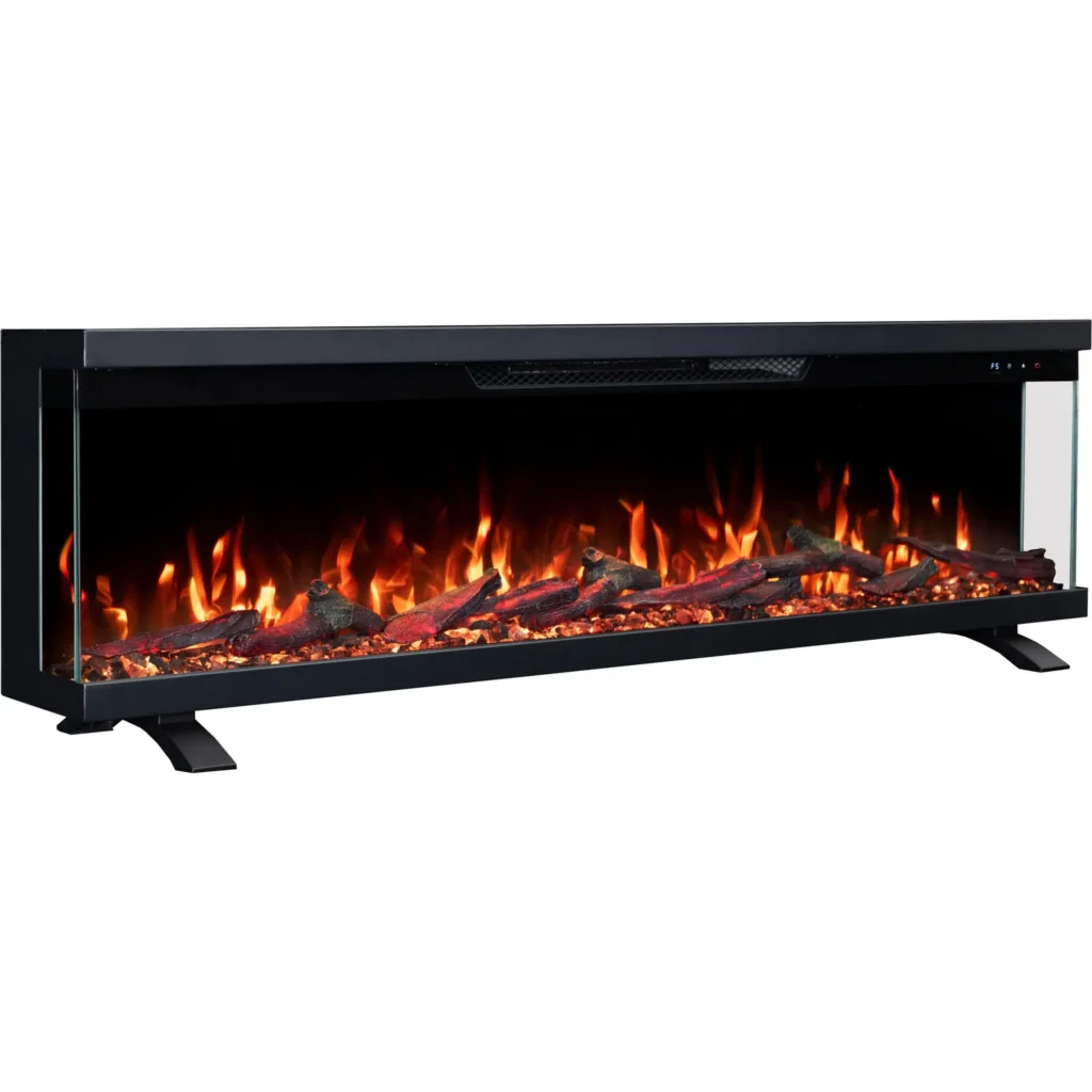 Wolnostojący 3-stronny kominek elektryczny Emotion Flame Unity na nóżkach, widok z boku z pomarańczowym efektem płomienia i paleniskiem z kryształami.