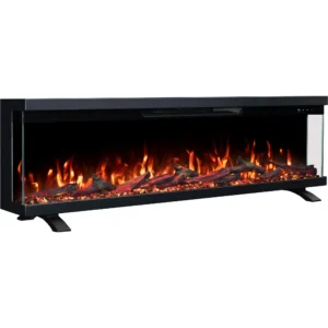Wolnostojący 3-stronny kominek elektryczny Emotion Flame Unity na nóżkach, widok z boku z pomarańczowym efektem płomienia i paleniskiem z kryształami.