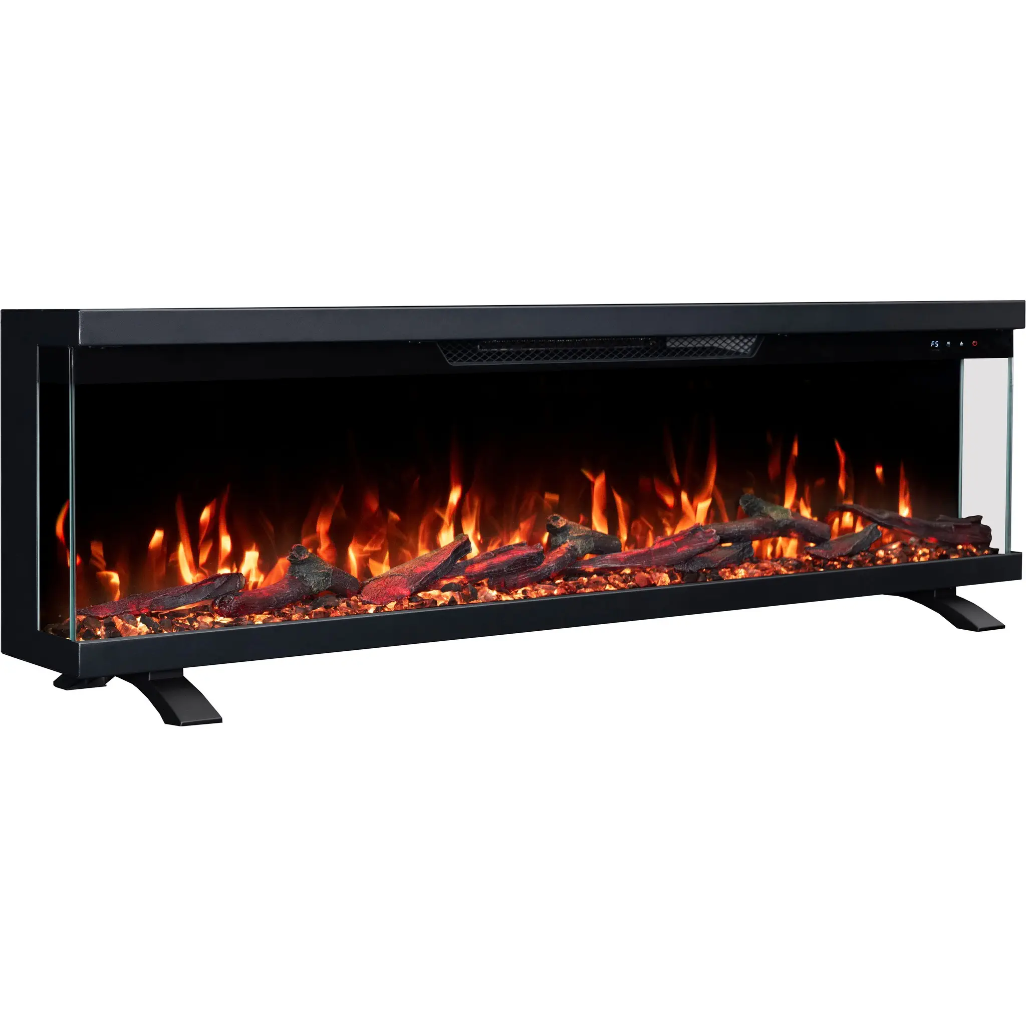 Wolnostojący 3-stronny kominek elektryczny Emotion Flame Unity na nóżkach, widok z boku z pomarańczowym efektem płomienia i paleniskiem z kryształami.