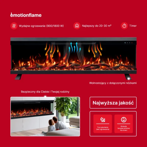 Kominek elektryczny Emotion Flame Unity: ogrzewanie (900/1800 W) dla 20-30 m², timer, blokada rodzicielska, opcja wolnostojąca i tryb płomienia bez grzania.