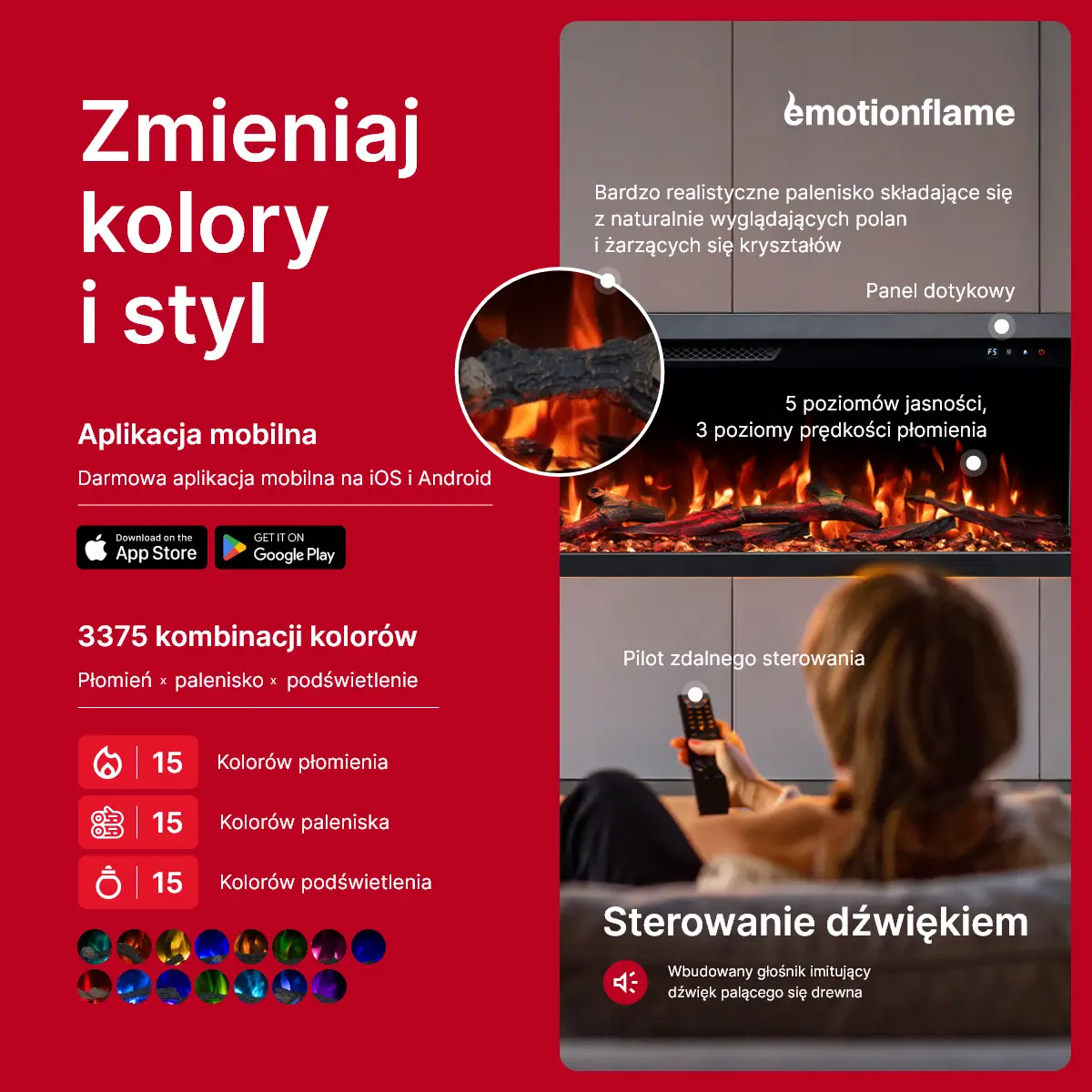 Kominek elektryczny Emotion Flame Unity: sterowanie przez aplikację, głosem, pilotem i dotykowo oraz 3375 kombinacji kolorystycznych dla płomienia i żaru.
