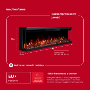 Kominek elektryczny Emotion Flame Unity: wymiary (36 cm wys., 19 cm gł., 107-183 cm szer.). Z europejskim designem, solidnym kablem i hartowanym szkłem bezpiecznym.