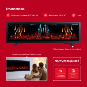 Kominek elektryczny Emotion Flame z ogrzewaniem 900/1800 W, nóżkami, timerem, blokadą rodzicielską i trybem płomienia bez grzania.