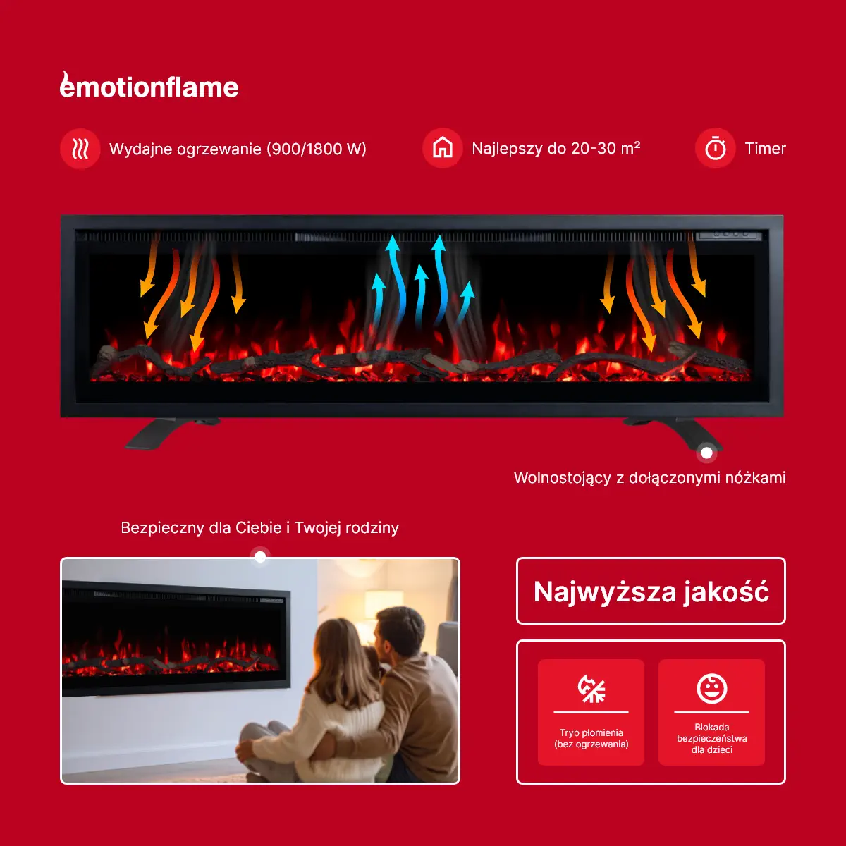 Kominek elektryczny Emotion Flame z ogrzewaniem 900/1800 W, nóżkami, timerem, blokadą rodzicielską i trybem płomienia bez grzania.