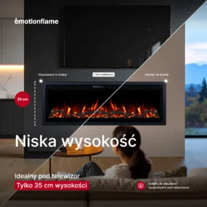 Kominek elektryczny Emotion Flame o wysokości 35 cm, idealny pod telewizor, 2 opcje montażu: do zabudowy i ścienny.