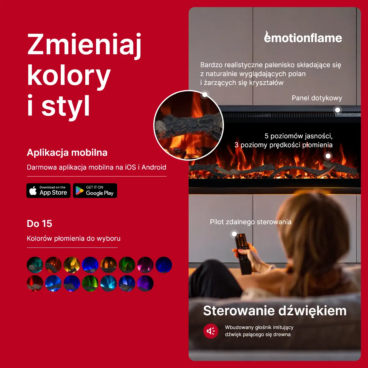 Kominek elektryczny Emotion Flame ze sterowaniem przez aplikację, 15 kolorami płomieni, panelem dotykowym, pilotem i efektem trzaskania drewna.