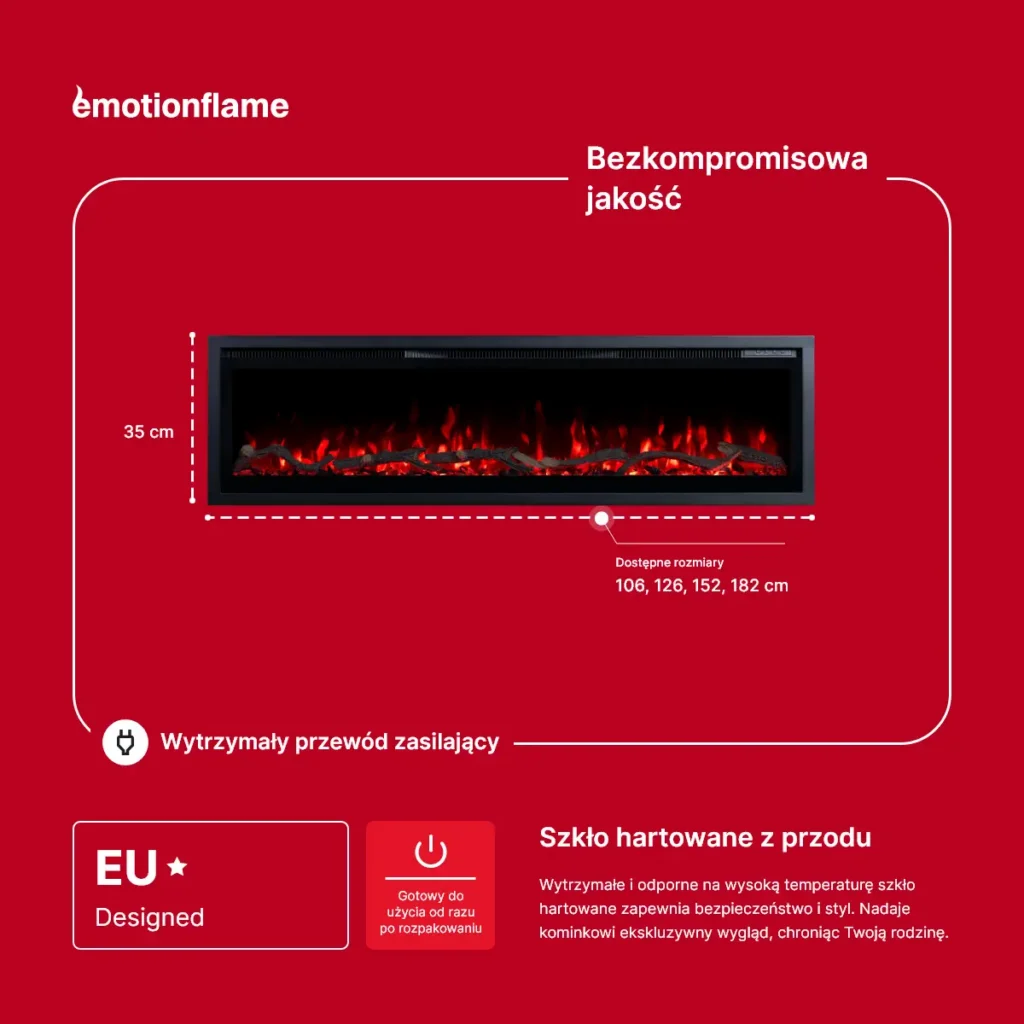 Elektryczny kominek ścienny Emotion Flame, wysokość 35 cm, hartowane szkło przednie.