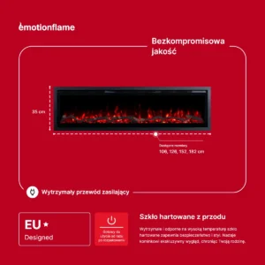 Elektryczny kominek ścienny Emotion Flame, wysokość 35 cm, hartowane szkło przednie.
