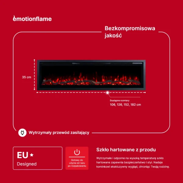 Elektryczny kominek ścienny Emotion Flame, wysokość 35 cm, hartowane szkło przednie.