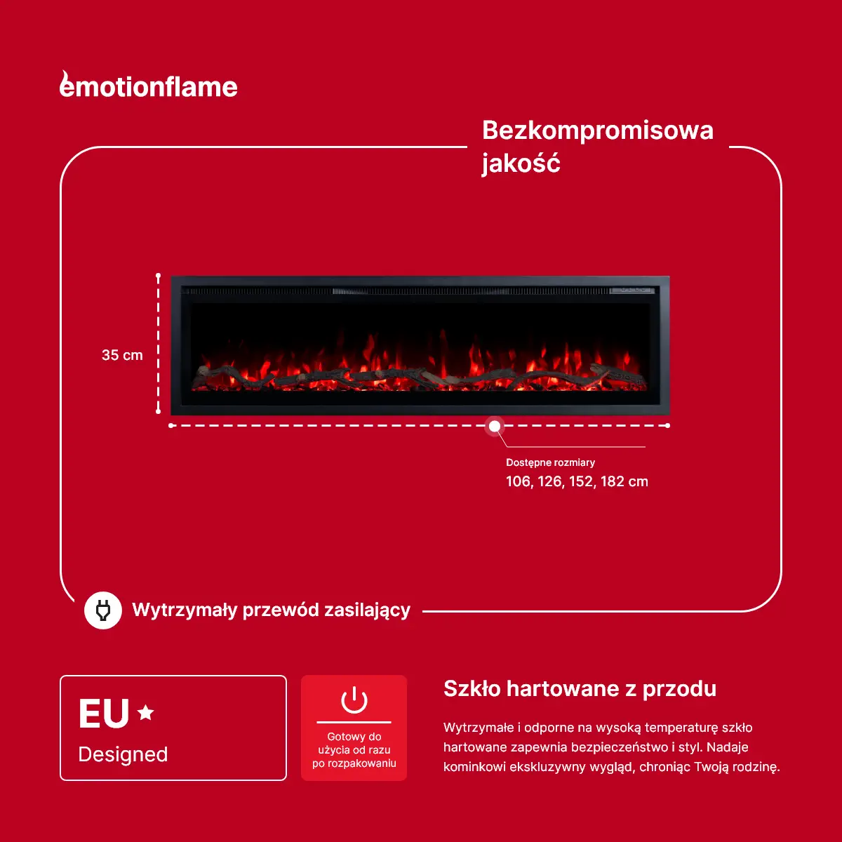 Elektryczny kominek ścienny Emotion Flame, wysokość 35 cm, hartowane szkło przednie.