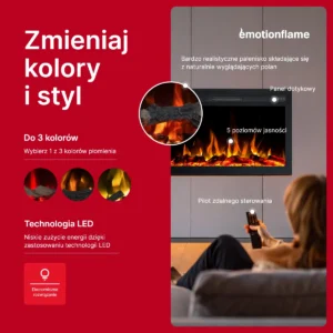 Sterowanie i opcje designu elektrycznego kominka do zabudowy Infinity marki Emotion Flame. Infografika przedstawia 3 kolory płomieni, panel dotykowy, 5 poziomów jasności i pilota.