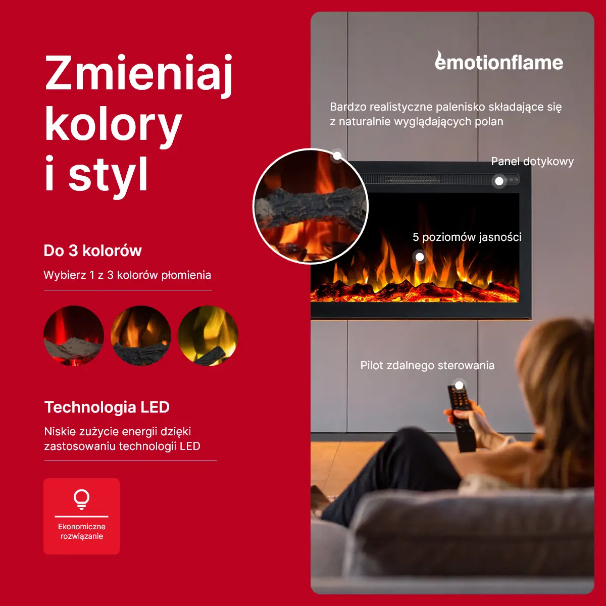 Sterowanie i opcje designu elektrycznego kominka do zabudowy Infinity marki Emotion Flame. Infografika przedstawia 3 kolory płomieni, panel dotykowy, 5 poziomów jasności i pilota.