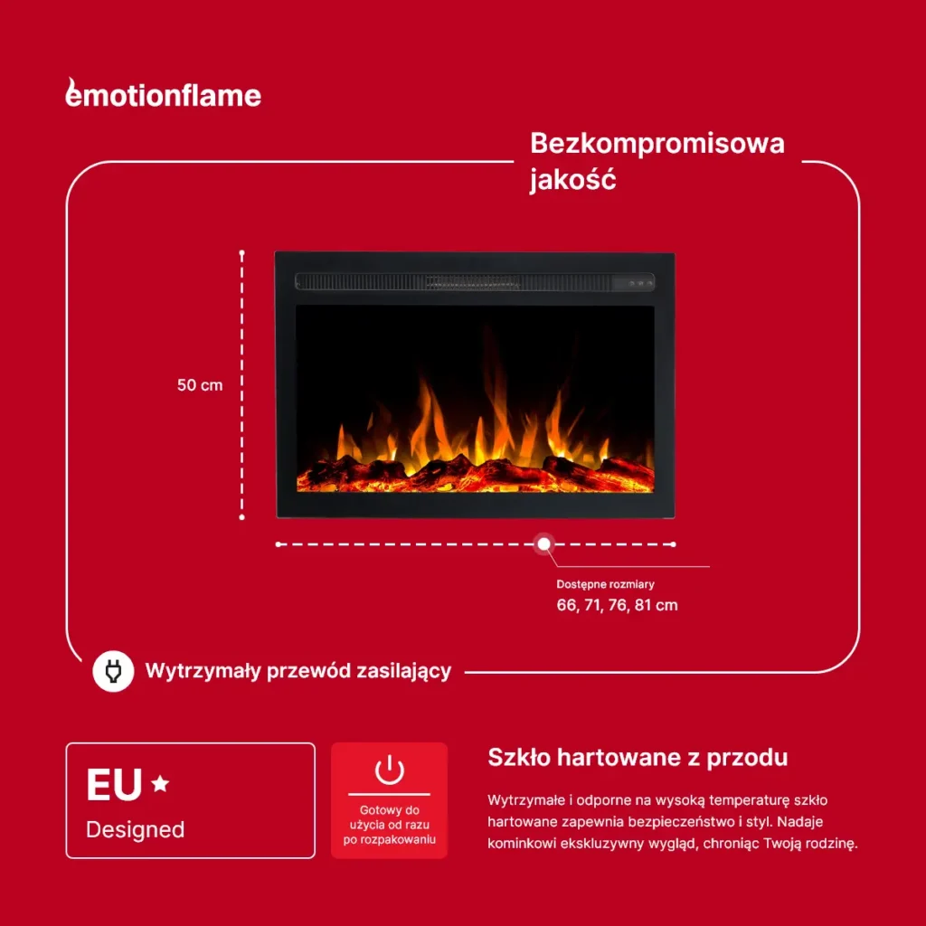 Wymiary elektrycznego kominka do zabudowy Infinity marki Emotion Flame. Infografika przedstawia 50 cm wysokości, dostępne szerokości od 66 do 81 cm oraz cechy takie jak hartowane szkło przednie.