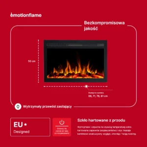 Wymiary elektrycznego kominka do zabudowy Infinity marki Emotion Flame. Infografika przedstawia 50 cm wysokości, dostępne szerokości od 66 do 81 cm oraz cechy takie jak hartowane szkło przednie.