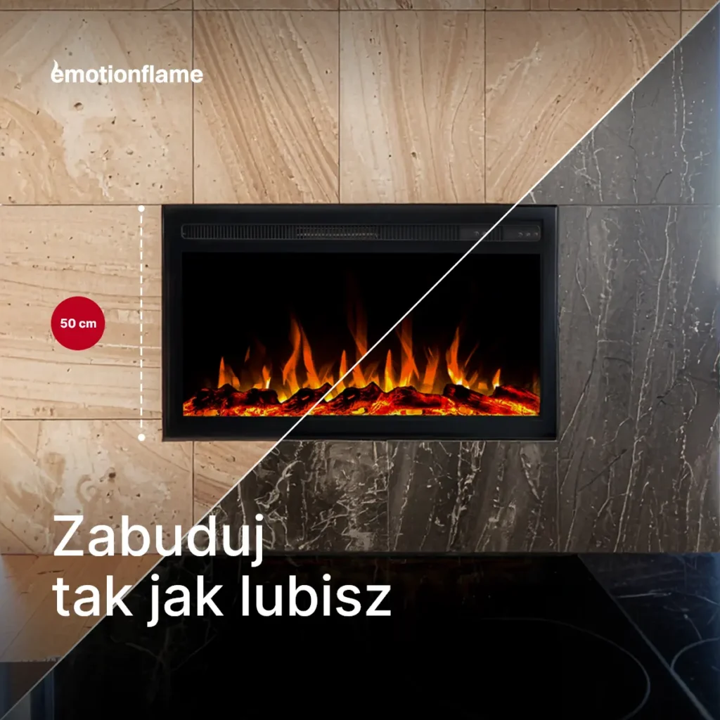 Elektryczny kominek do zabudowy Infinity marki Emotion Flame o wysokości montażowej 50 cm. Infografika przedstawia elastyczne opcje aranżacji w jasnych i ciemnych ścianach.