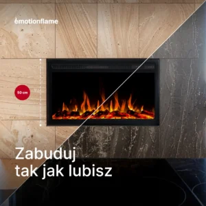 Elektryczny kominek do zabudowy Infinity marki Emotion Flame o wysokości montażowej 50 cm. Infografika przedstawia elastyczne opcje aranżacji w jasnych i ciemnych ścianach.