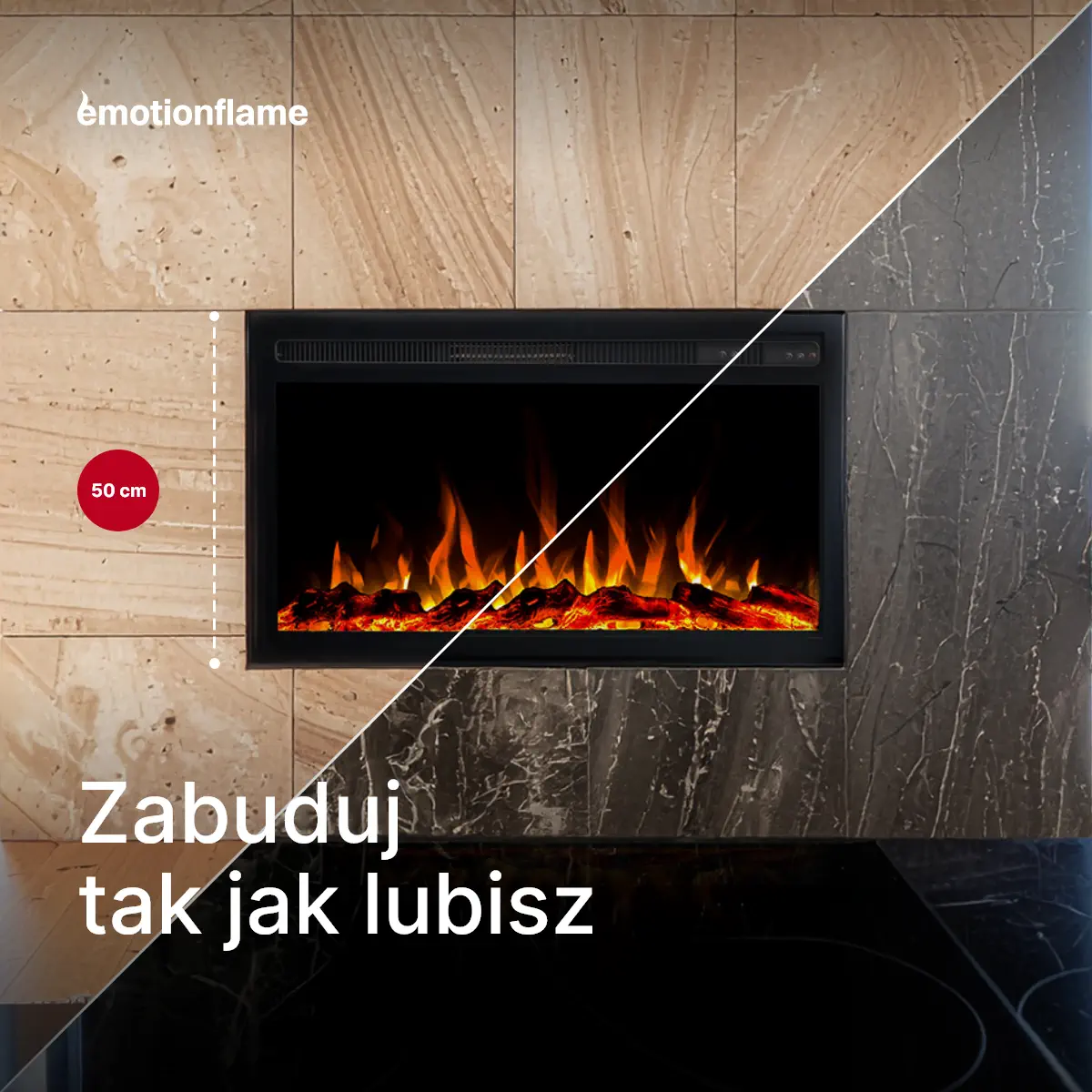 Elektryczny kominek do zabudowy Infinity marki Emotion Flame o wysokości montażowej 50 cm. Infografika przedstawia elastyczne opcje aranżacji w jasnych i ciemnych ścianach.