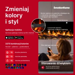 Sterowanie kominkiem elektrycznym Emotion Flame Solis: aplikacja mobilna, pilot, panel dotykowy, 3375 kombinacji kolorystycznych i wbudowany głośnik z efektem trzaskania drewna.