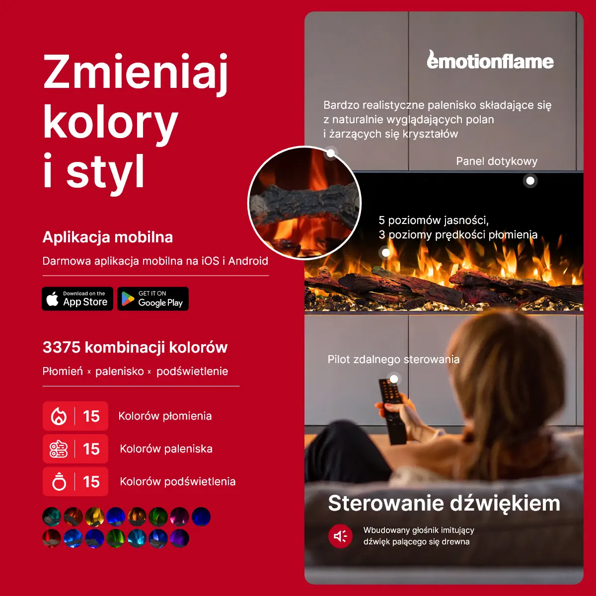 Sterowanie kominkiem elektrycznym Emotion Flame Solis: aplikacja mobilna, pilot, panel dotykowy, 3375 kombinacji kolorystycznych i wbudowany głośnik z efektem trzaskania drewna.