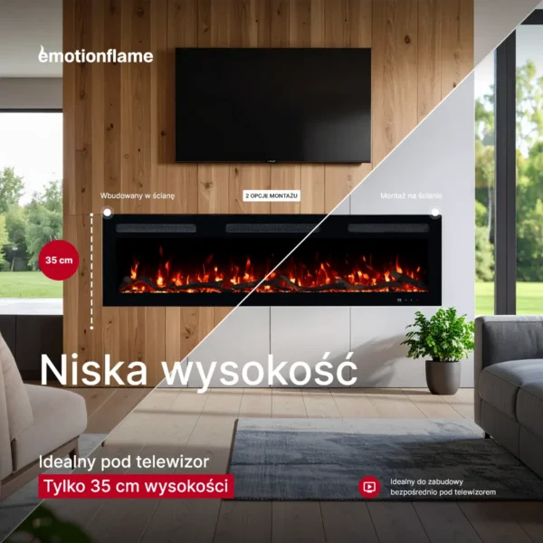 Kominek elektryczny Monarch marki Emotion Flame o niewielkiej wysokości 35 cm, idealny do zabudowy lub montażu ściennego pod telewizorem.