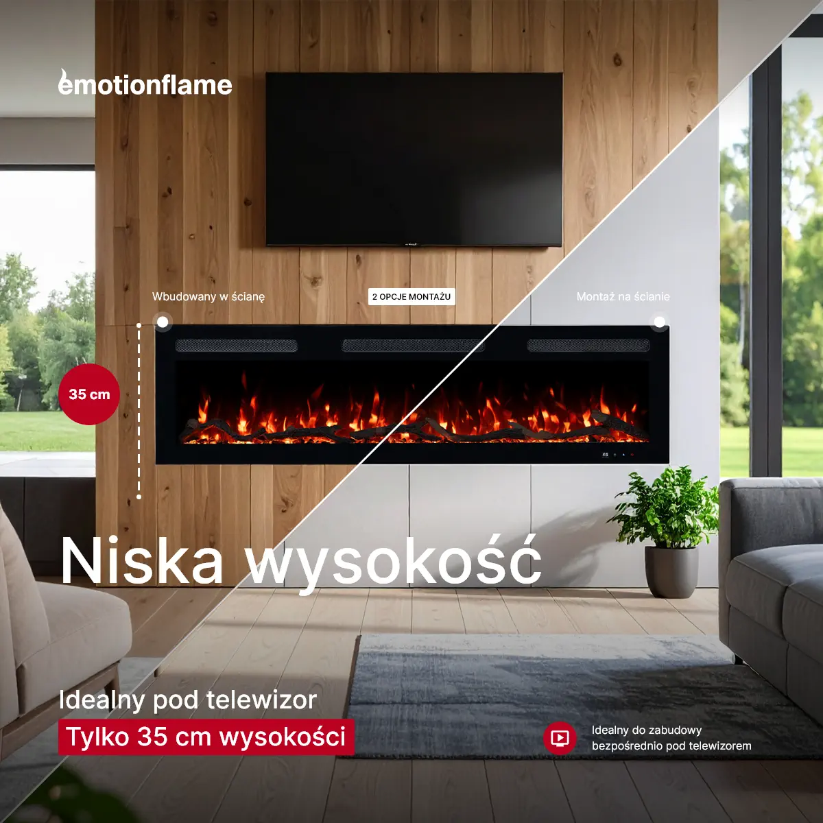 Kominek elektryczny Monarch marki Emotion Flame o niewielkiej wysokości 35 cm, idealny do zabudowy lub montażu ściennego pod telewizorem.