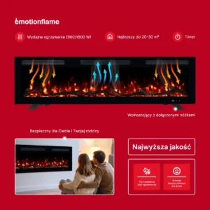 Kominek elektryczny Emotion Flame Monarch - funkcje: wydajne ogrzewanie 900/1800 W, timer, opcja wolnostojąca, tryb płomienia i blokada rodzicielska.