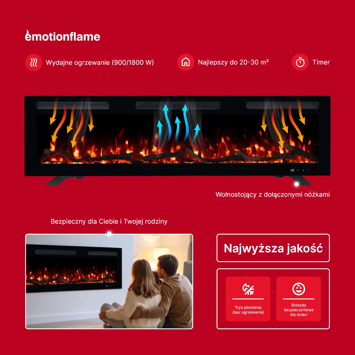Kominek elektryczny Emotion Flame Monarch - funkcje: wydajne ogrzewanie 900/1800 W, timer, opcja wolnostojąca, tryb płomienia i blokada rodzicielska.