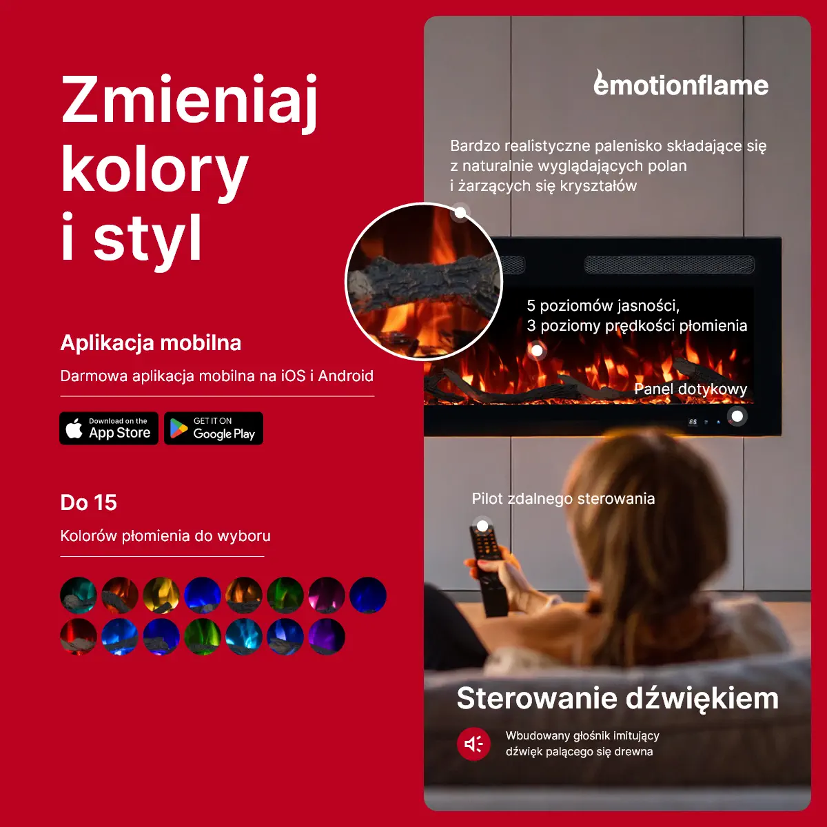 Kominek elektryczny Monarch marki Emotion Flame - sterowanie przez aplikację, pilota i panel dotykowy. Oferuje 15 kolorów płomieni, regulowaną jasność i dźwięk trzaskania.