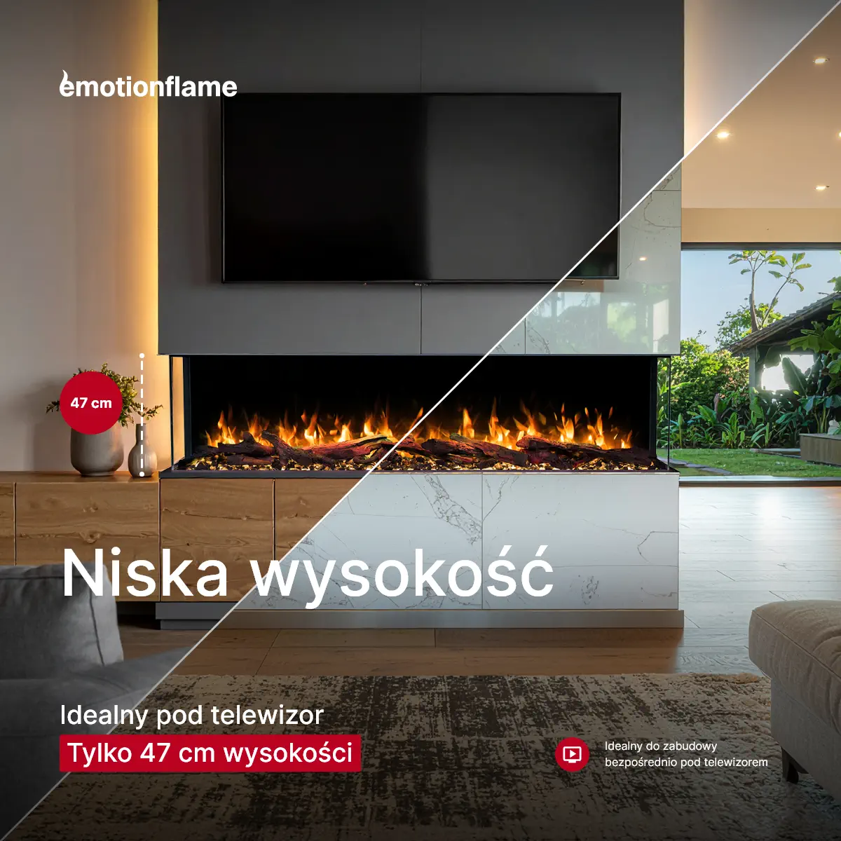 Kominek elektryczny Emotion Flame Solis o niewielkiej wysokości 47 cm, idealny do zabudowy w ścianie bezpośrednio pod telewizorem.